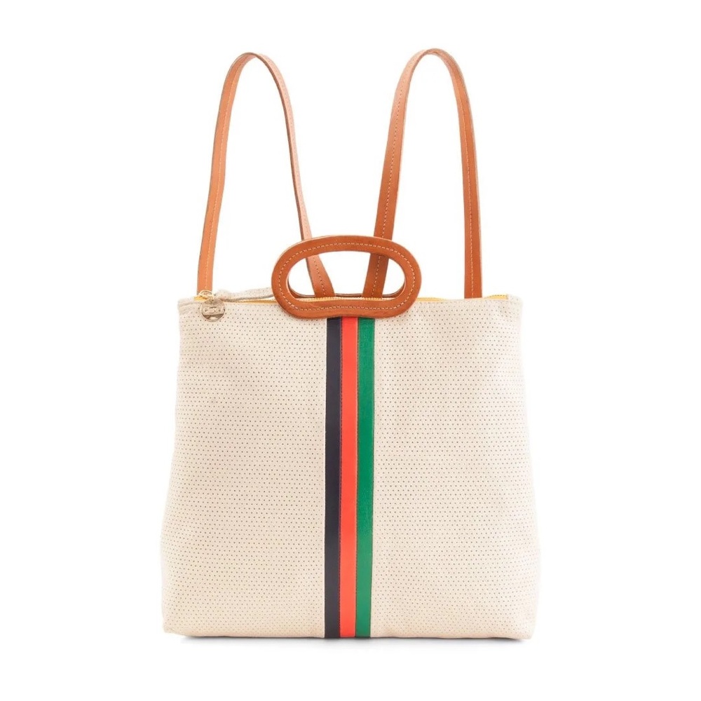 Clare V. Marcelle Leather Backpack. 11.5”Wx11”Hx3.5”D. Cream mirco perf stripe.
